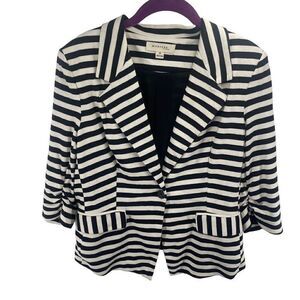 Monteau Women's Single Button Blazer Striped 3/4 Sleeve black white Medium